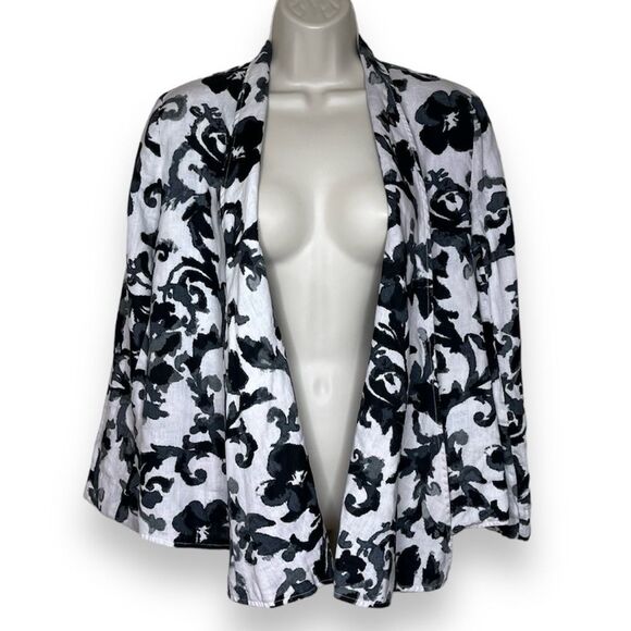 Grace Elements Linen Floral Open Front Cardigan Blazer White Gray Black Women 4 - Picture 1 of 12
